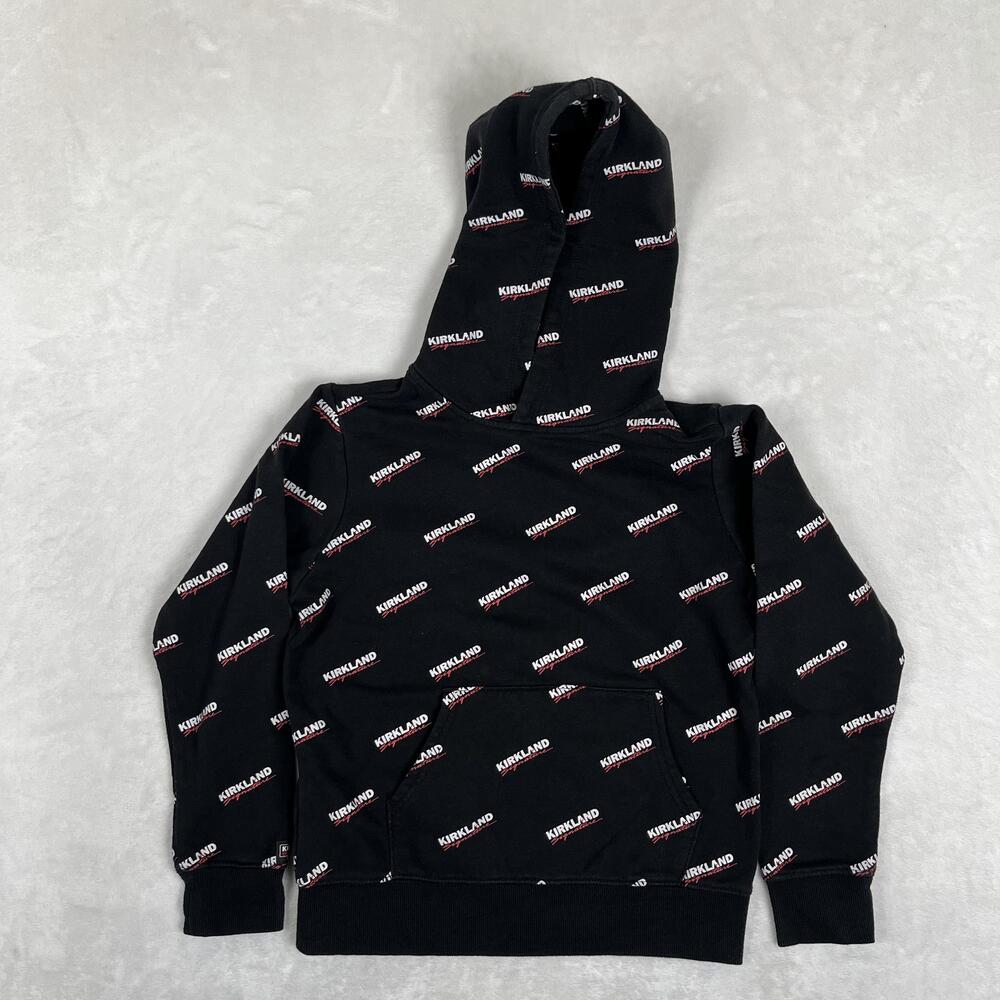 Kirkland Signature Hoodie Youth 10-12 Black All Over Logo Pullover Sweatshirt
